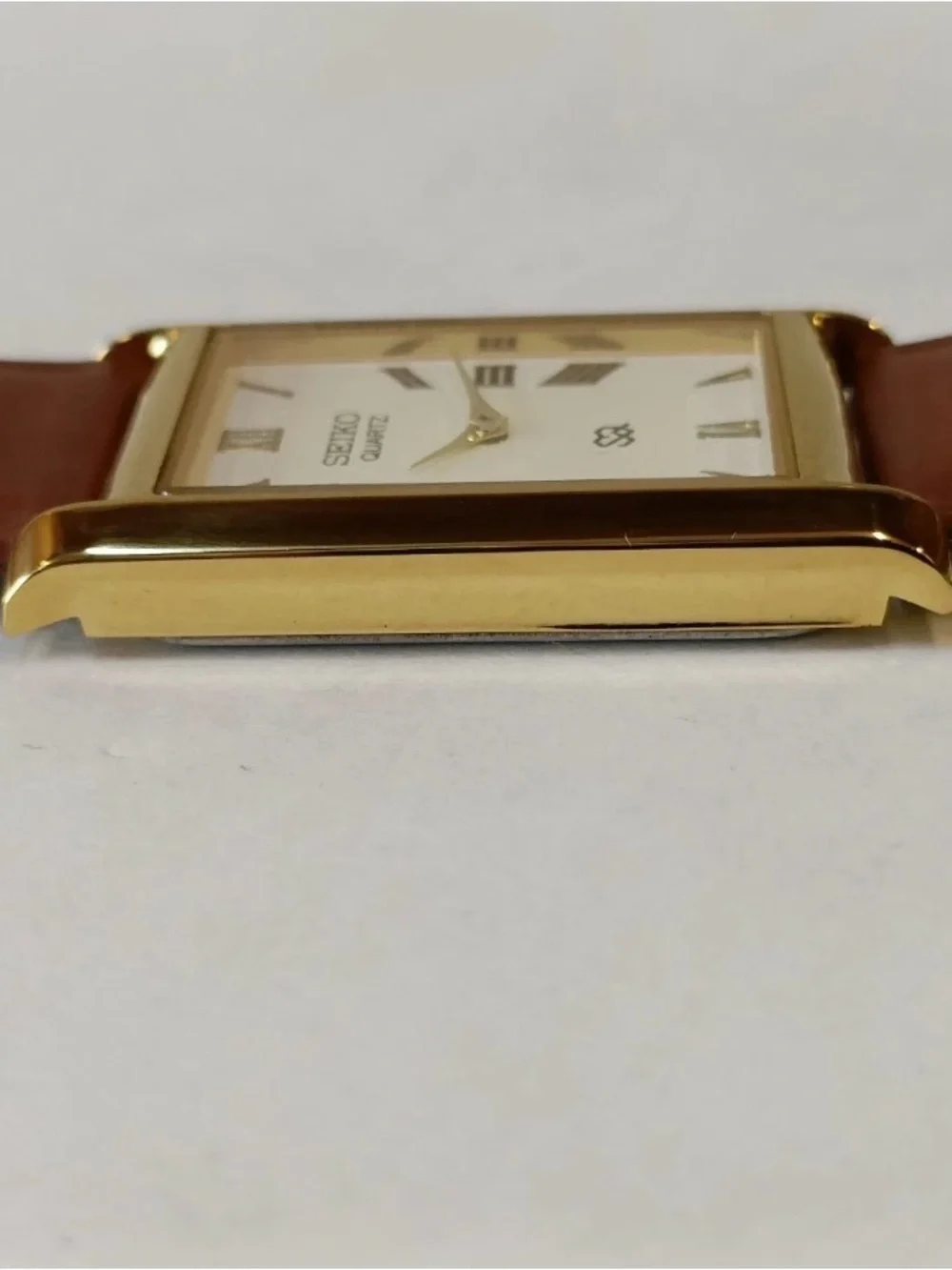 Seiko Gold-Tone Rectangular Watch with Brown Leather Strap and White Dial